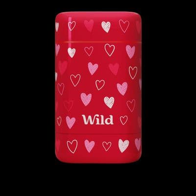 a red lighter with hearts and the words wild on it