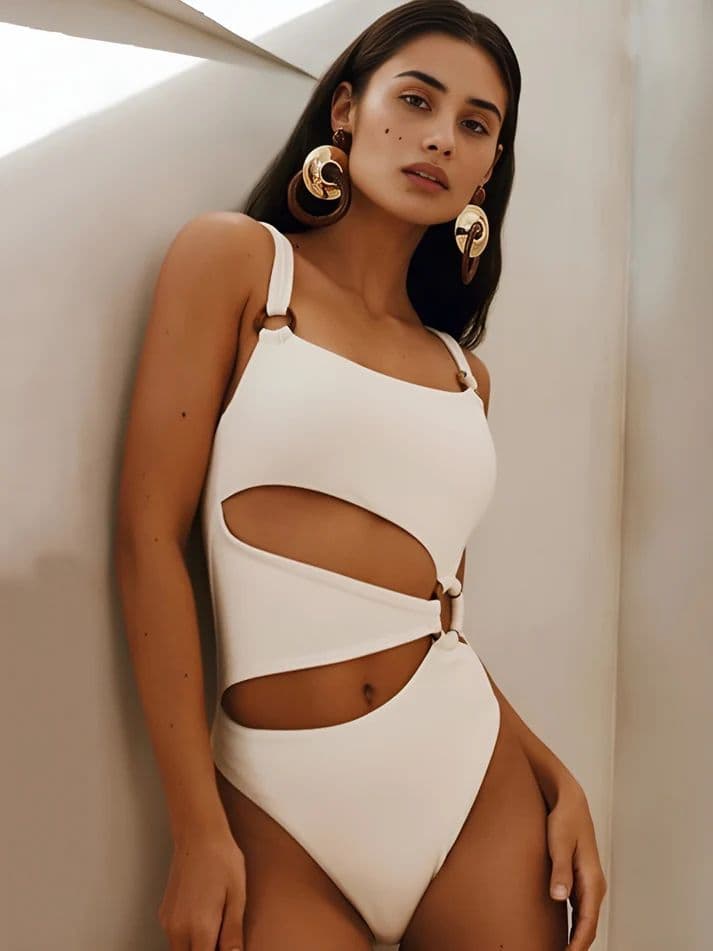 a woman in a white bodysuit leaning against a wall