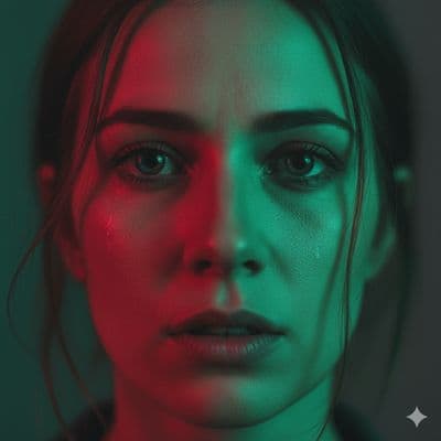 a woman with green and red lighting on her face