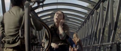 a woman talking on a cell phone on a bridge