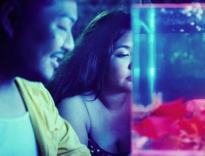 a man and a woman looking at a fish in a tank