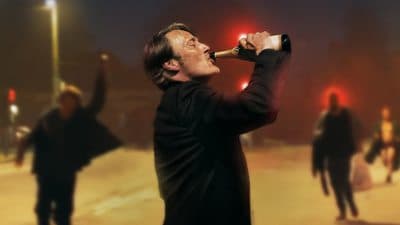 a painting of a man drinking a beer