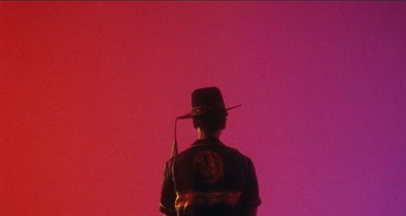 a silhouette of a man with a hat and a gun