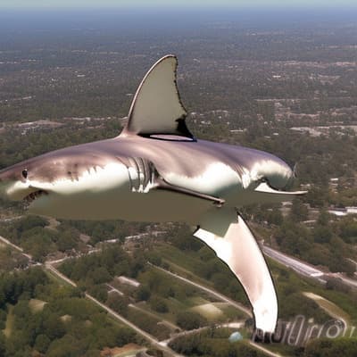 a large silver shark flying over a lush green forest