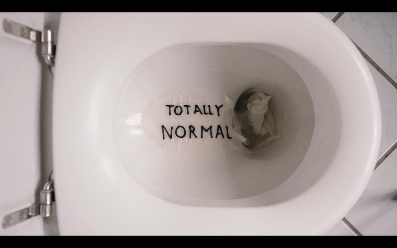 a white toilet with the words totally normal written on it