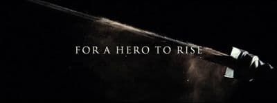 a man holding a sword with the words for a hero to rise