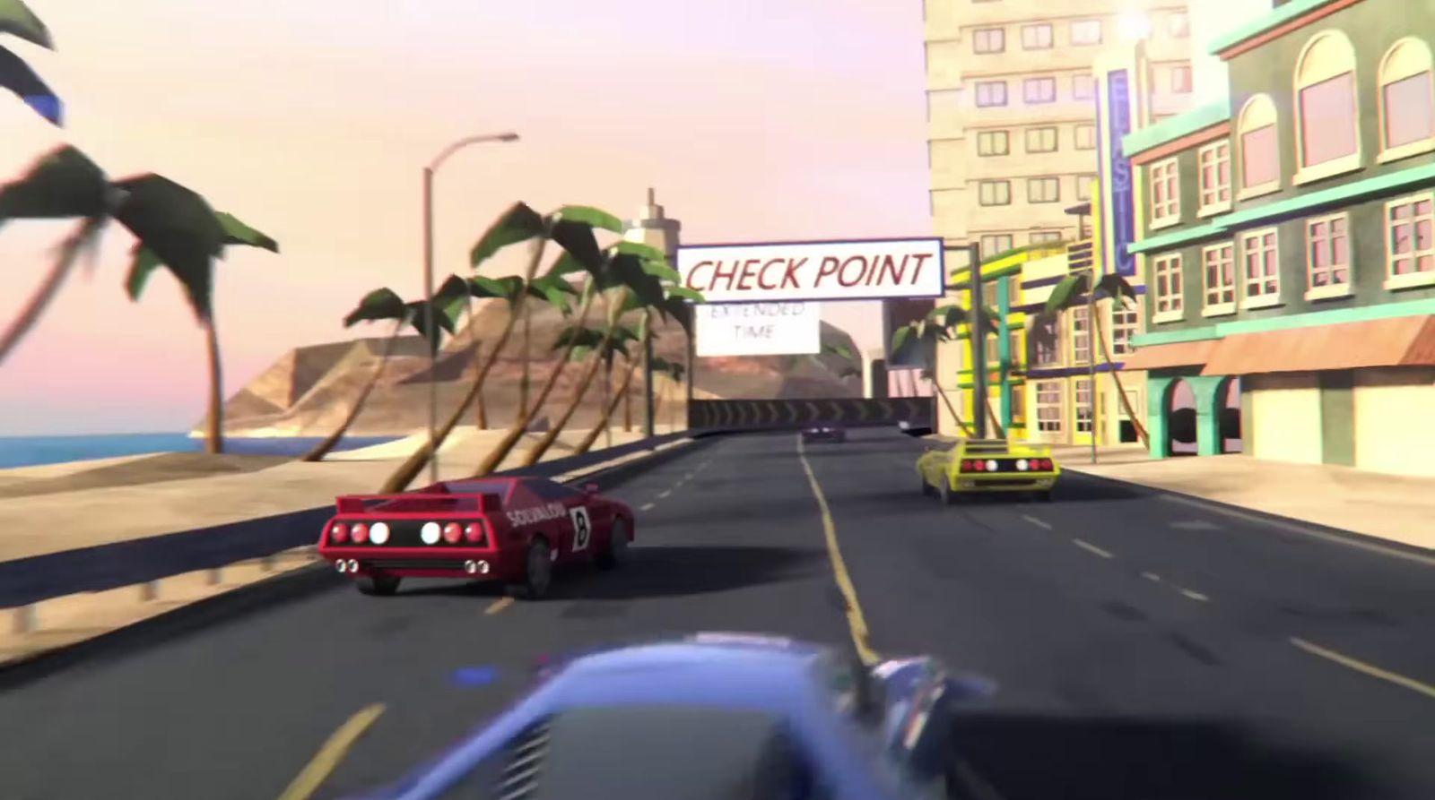 a red car driving down a street next to tall buildings