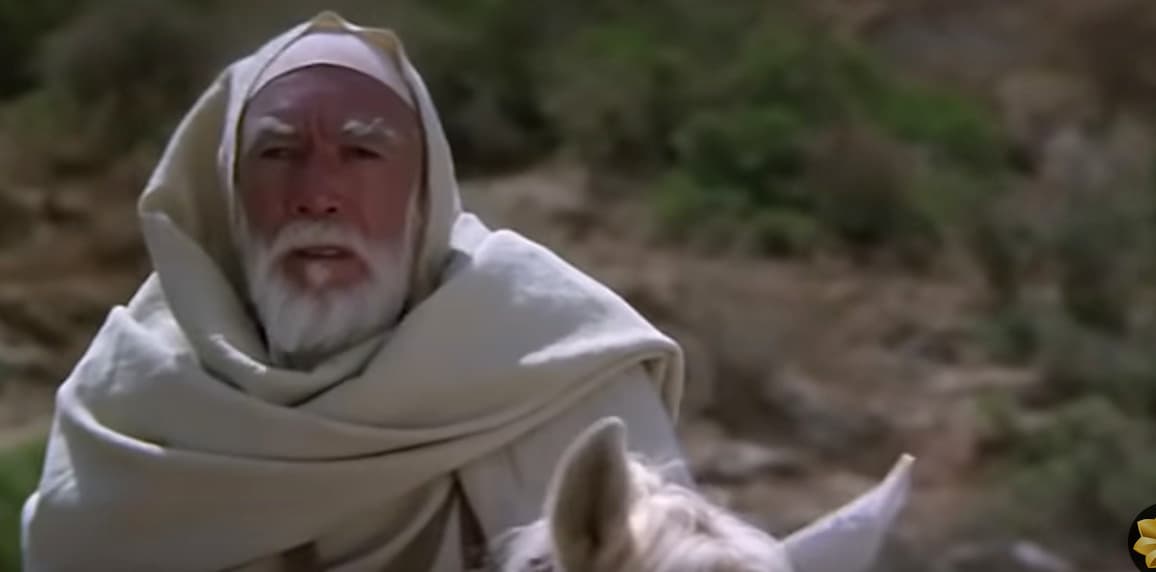 a man in a white robe riding a white horse
