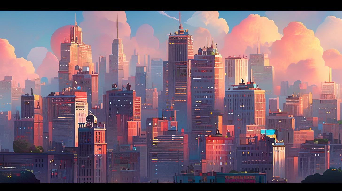 a painting of a city with tall buildings