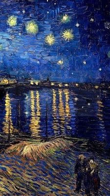 a painting of a starry night over a body of water