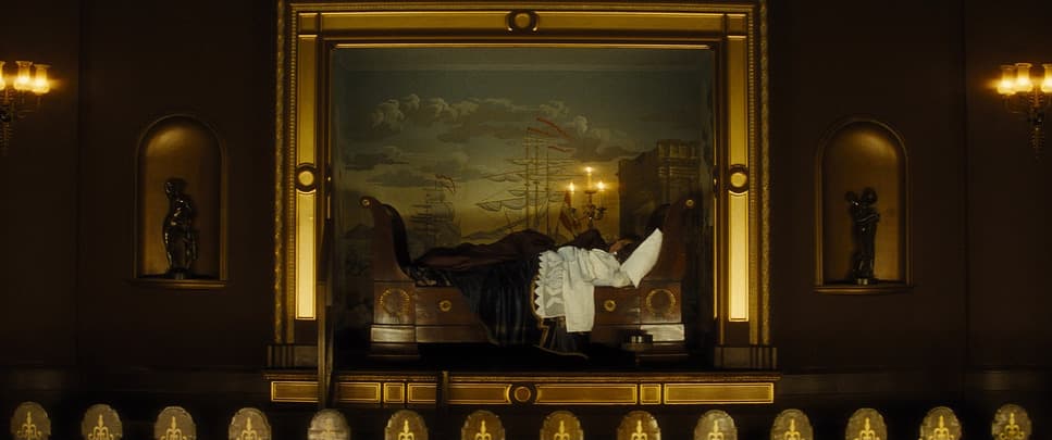 a painting of a woman laying on a bed in a room