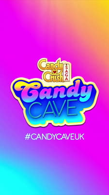 the candy cave logo on a colorful background