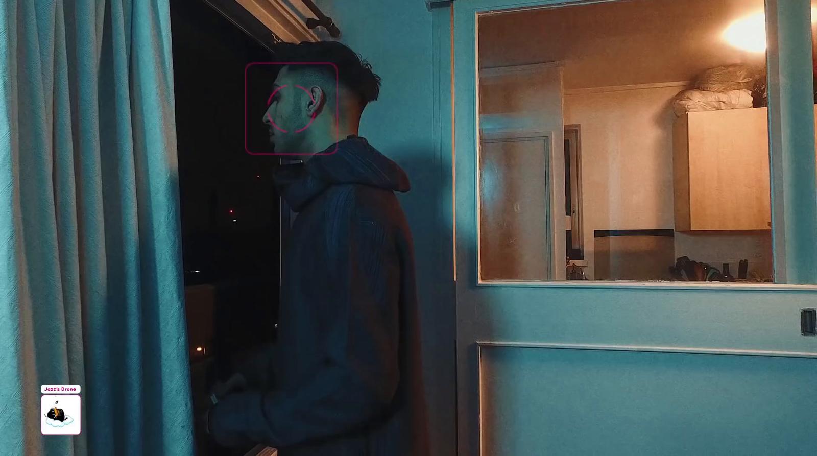 a man standing in front of a door with a creepy face