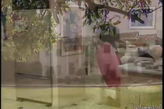 a pink umbrella sitting on top of a table next to a tree