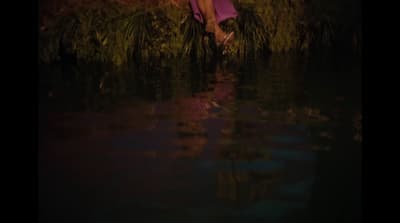 a woman in a purple dress is standing in the water