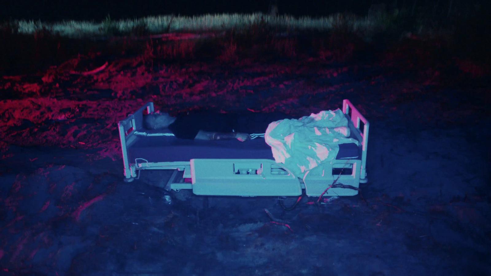 a person laying in a bed in a field
