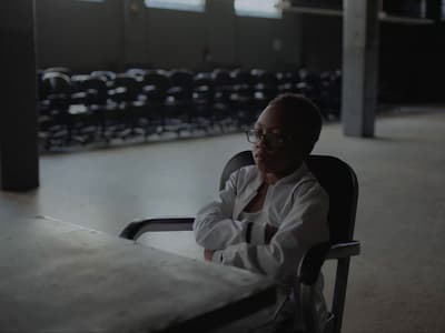a woman sitting in a chair in an empty room