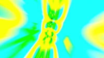 a blurry photo of a person's hand with a blue sky in the