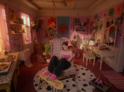 a woman sitting in a chair in a room
