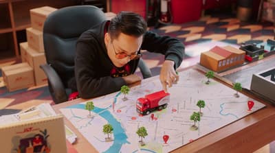 a man sitting at a table looking at a map