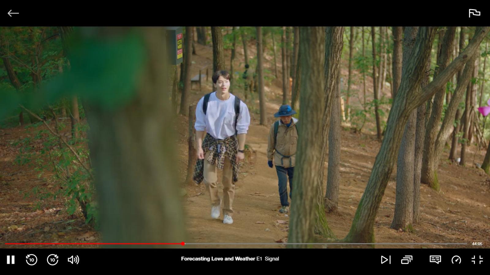 a man and a woman walking through a forest