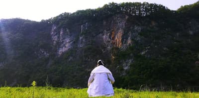 a person standing in a field with a mountain in the background