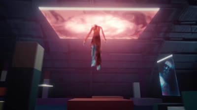 a man is suspended from a ceiling in a room