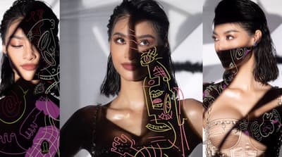 three photos of a woman's face and body