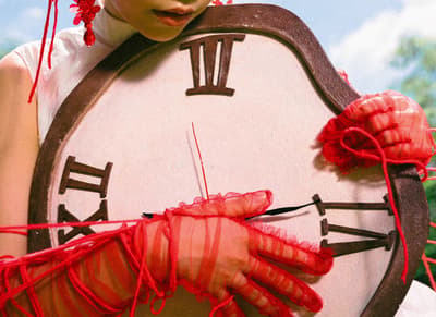 a woman in a costume holding a large clock