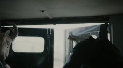 a goat sticking its head out the window of a bus