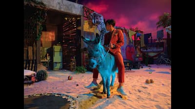 a man standing on top of a blue donkey