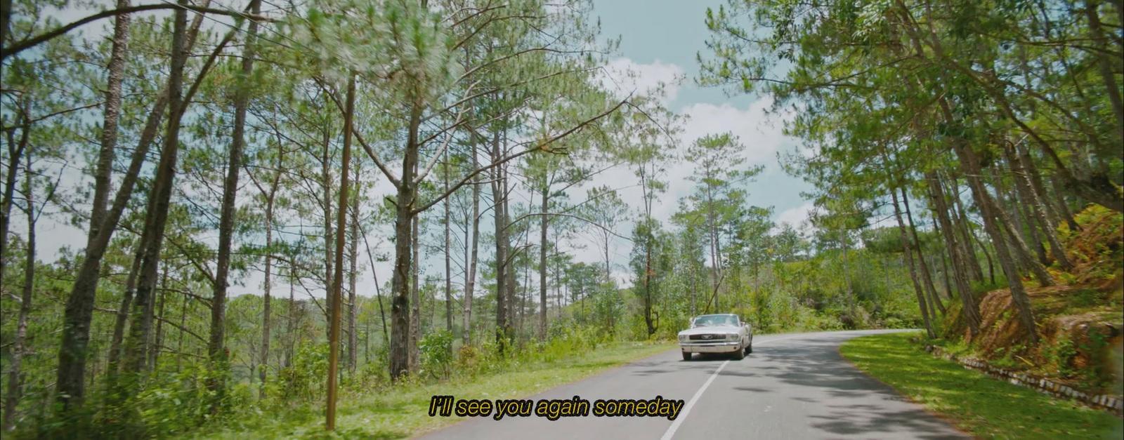 a car driving down the road in the woods