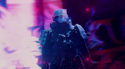 a man in a futuristic suit standing in front of a neon background