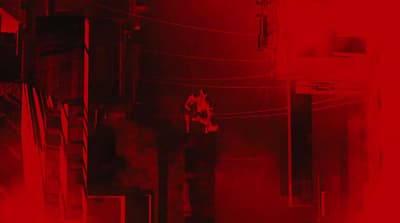 a red picture of a man on a fire hydrant