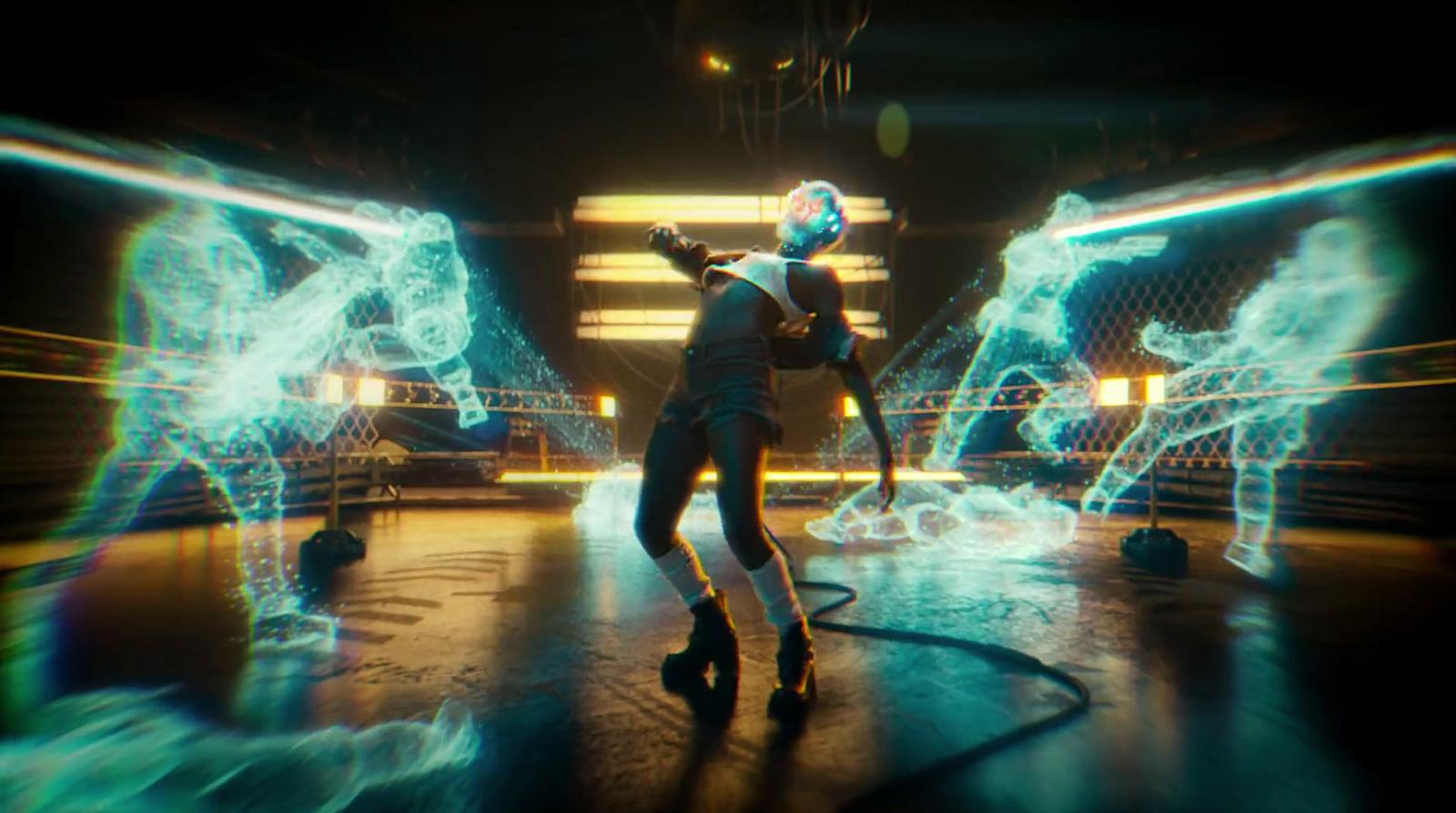 a man standing in front of a neon light