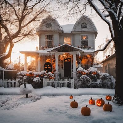 a house with pumpkins in front of it