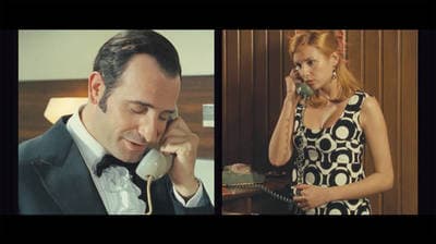 a man in a tuxedo talking on a phone and a woman in a