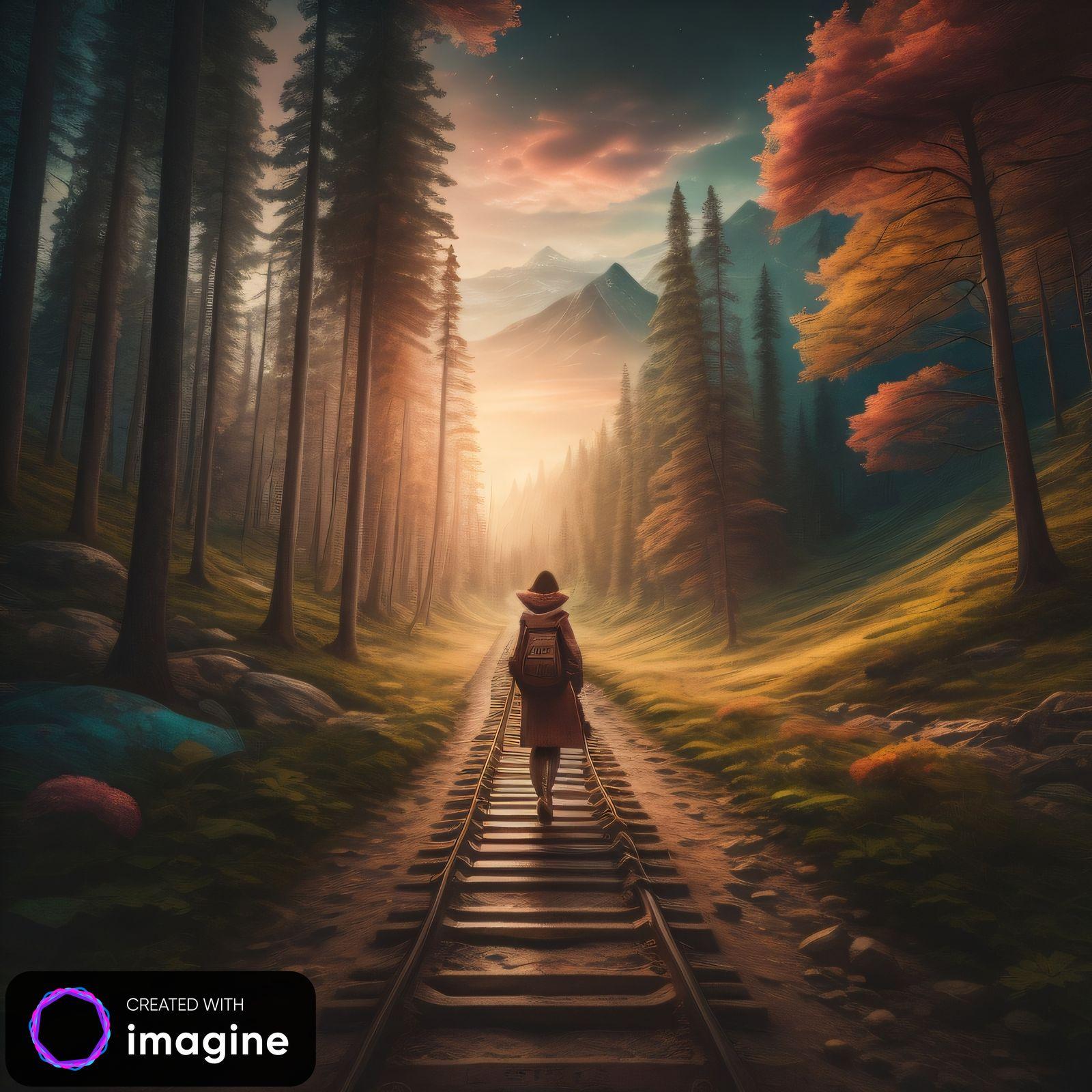 a painting of a person walking down a train track