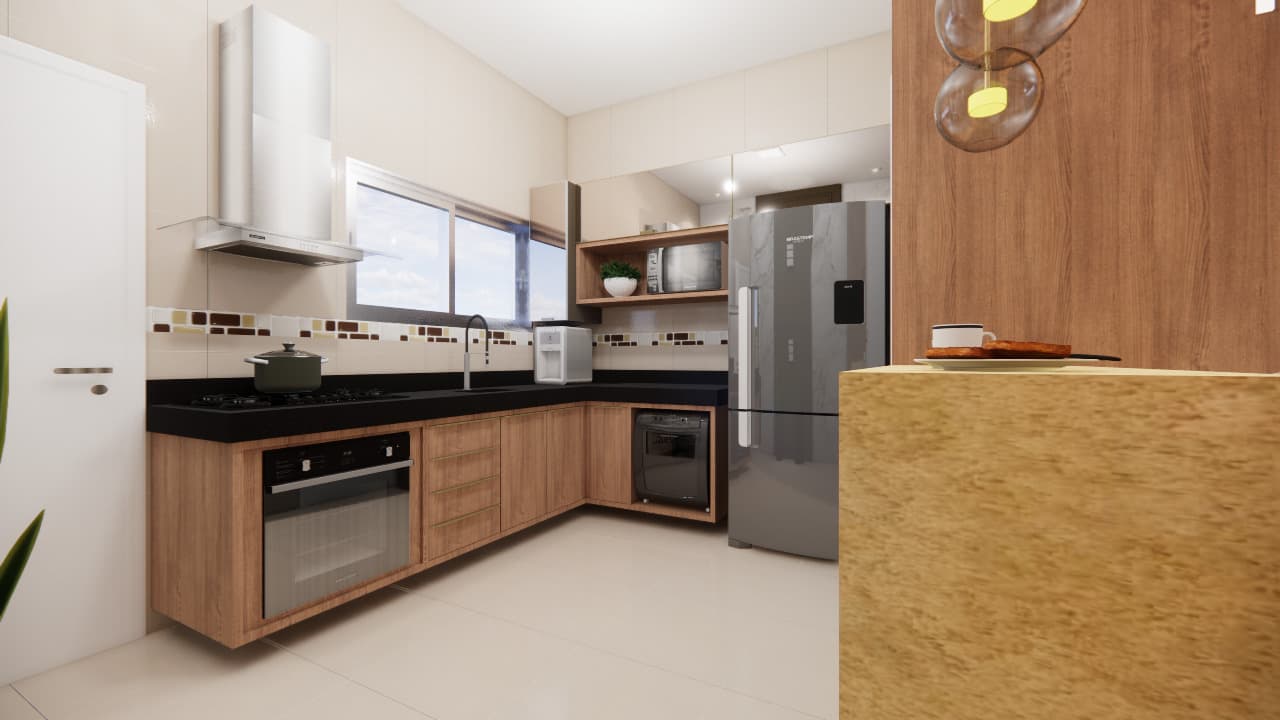 a kitchen with a refrigerator, stove, microwave and sink