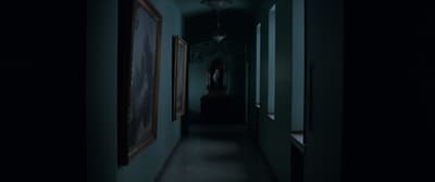 a dark hallway with a painting hanging on the wall