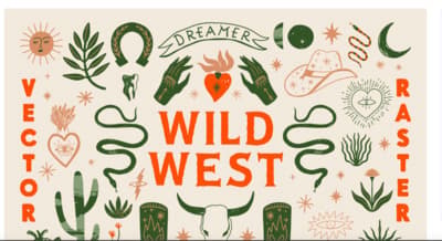 a poster with a variety of wild west symbols