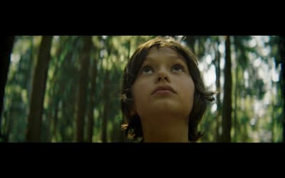 a young girl looking up into the sky in a forest