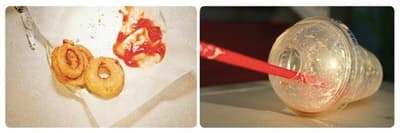 two pictures of food and a straw in a cup