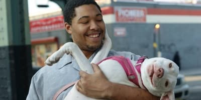 a man holding a white dog in his arms