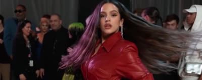 a woman with purple hair and a red leather jacket