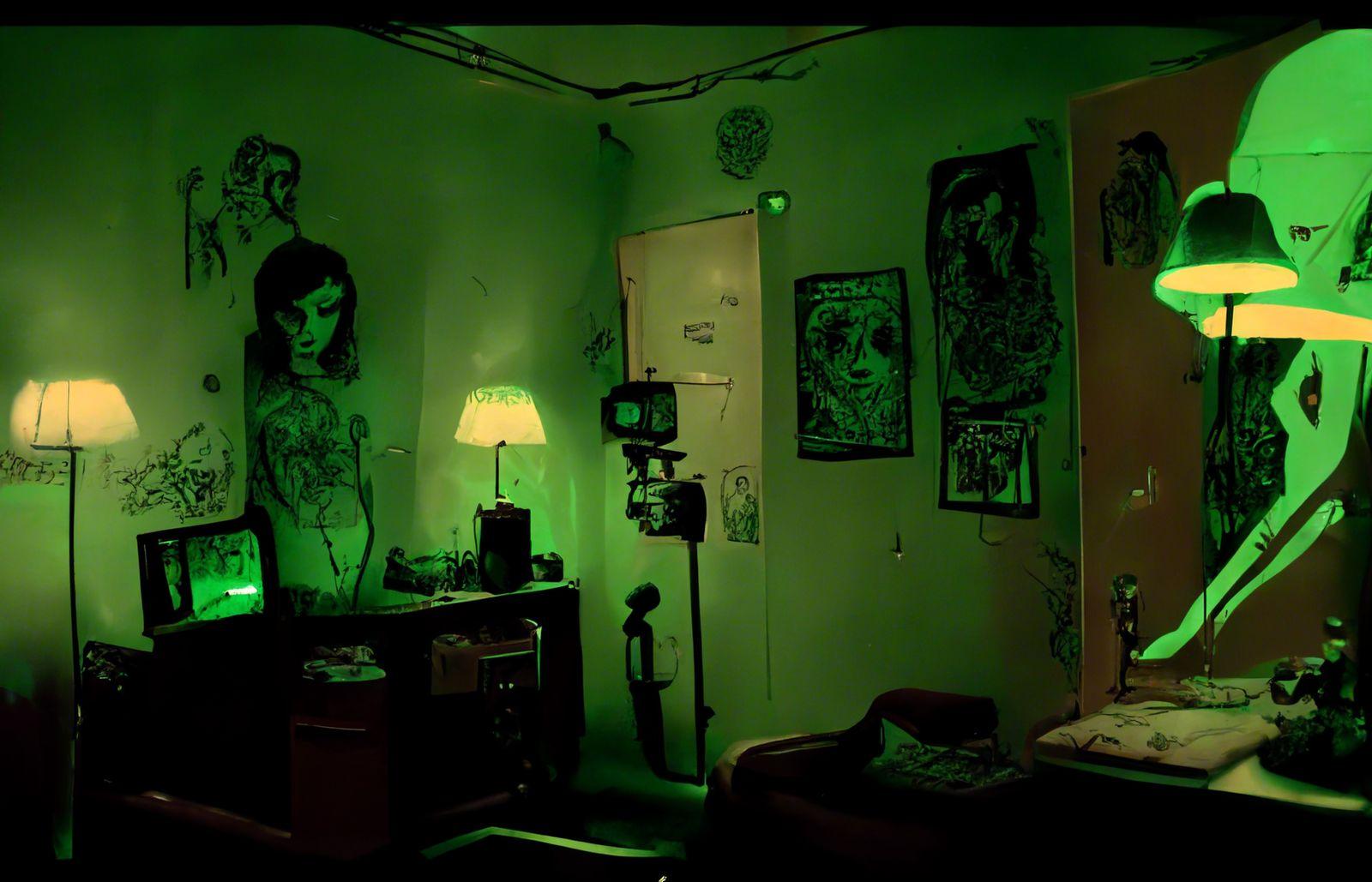 a living room with green lighting and pictures on the wall