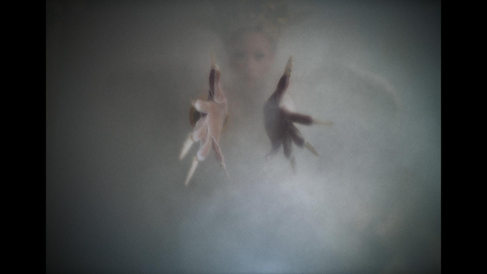 a blurry photo of two birds flying in the air
