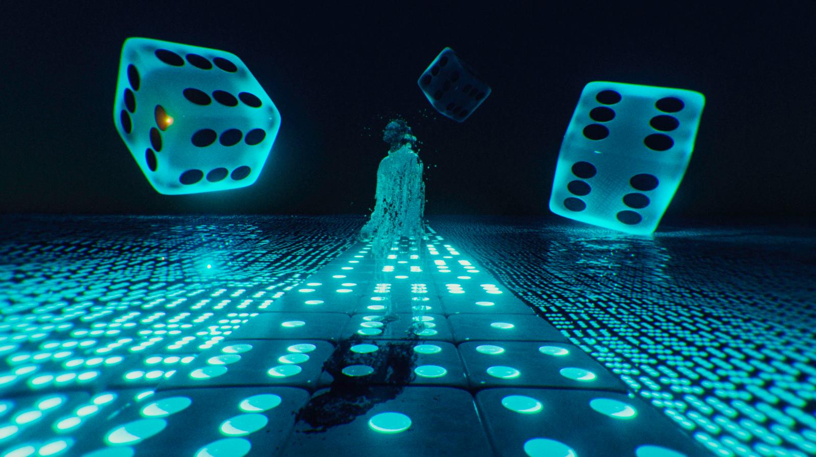 a woman standing on a tiled floor next to a pair of dice