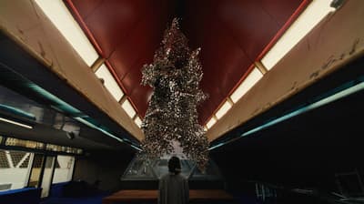 a person standing in front of a christmas tree
