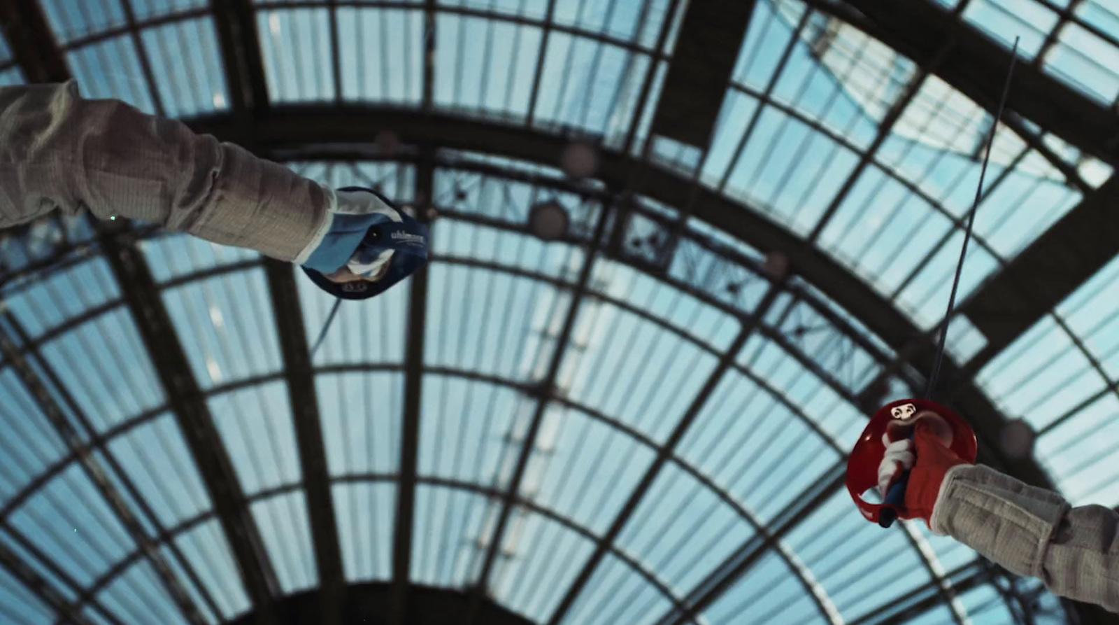 a view of the ceiling of a train station
